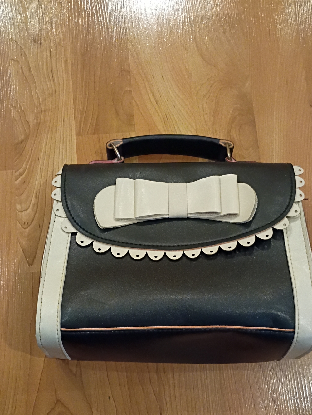 Black and Cream Bow Accent Top-Handle Satchel